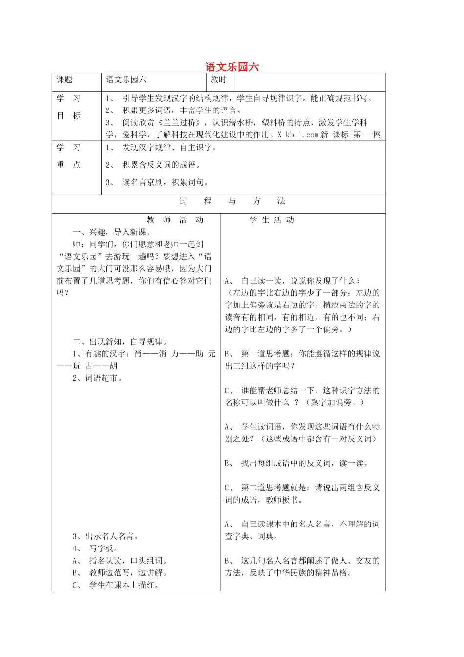 一年级语文下册 语文乐园六教案1 语文A版-语文A版小学一年级下册语文教案_第1页