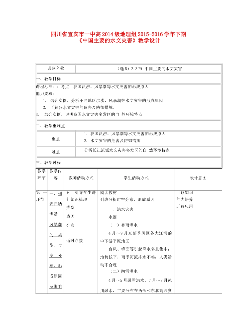 四川省宜宾市一中高二地理 中国主要的水文灾害教学设计-人教版高二全册地理教案_第1页