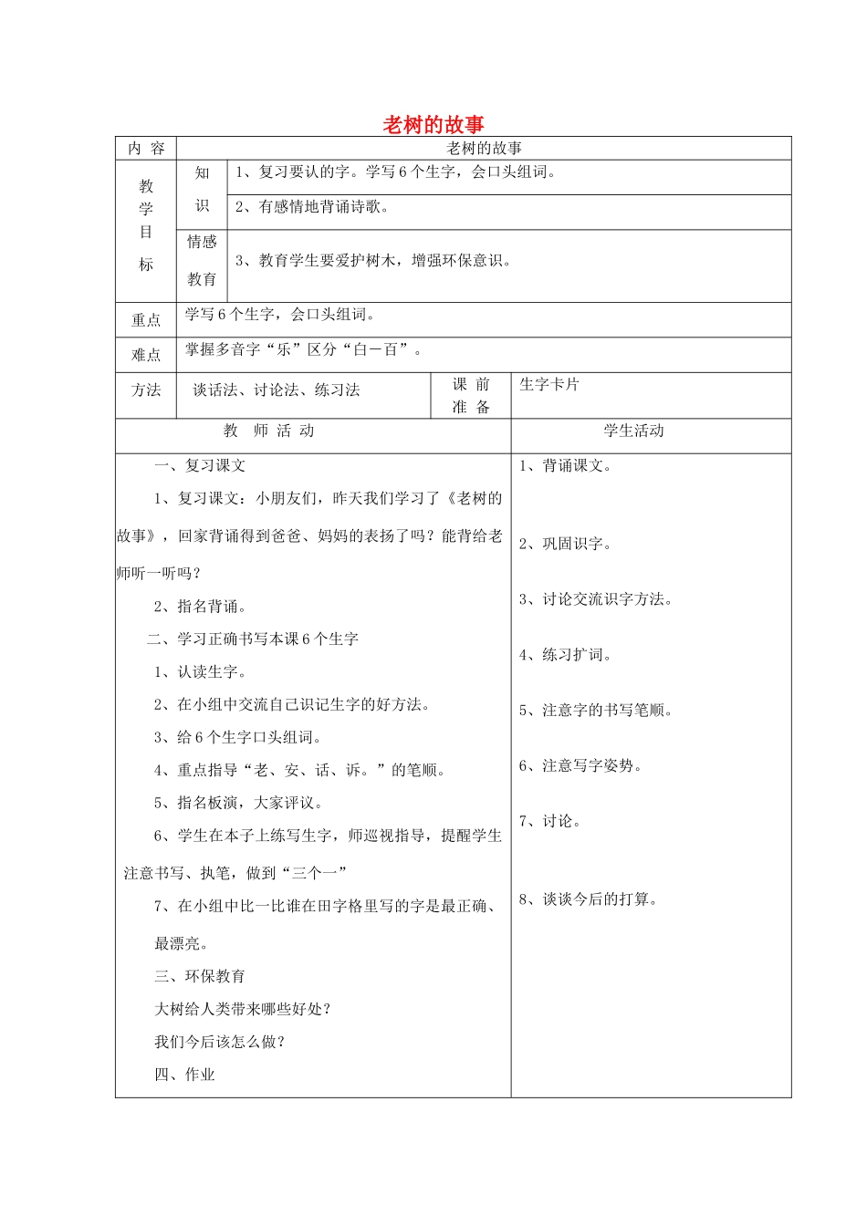 一年级语文下册 4 植物 老树的故事（第2课时）教案 北师大版-北师大版小学一年级下册语文教案_第1页