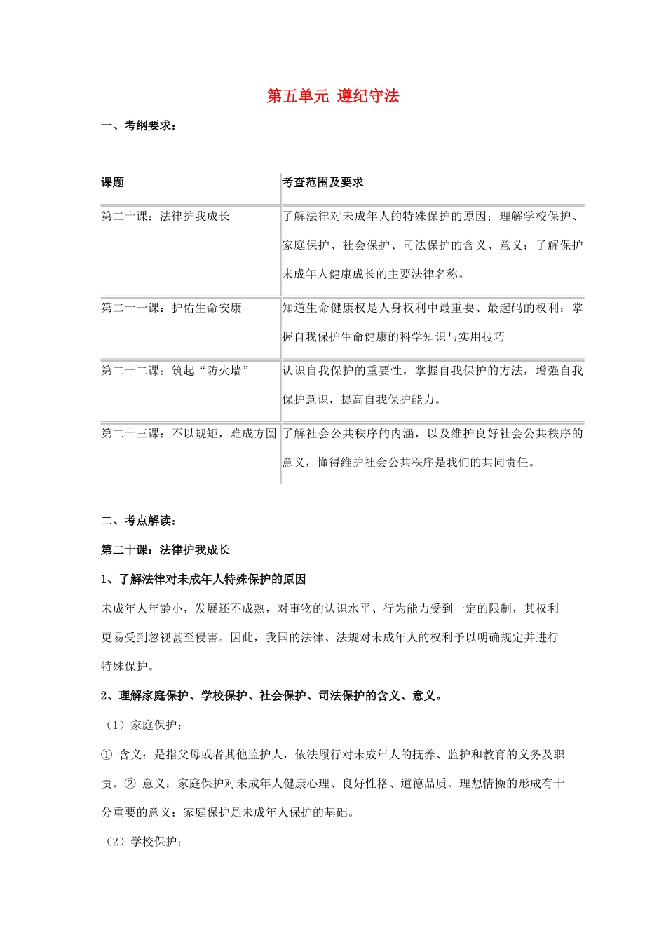 七年级政治下册：第五单元《遵纪守法》复习教学设计（苏教版教材）_第1页