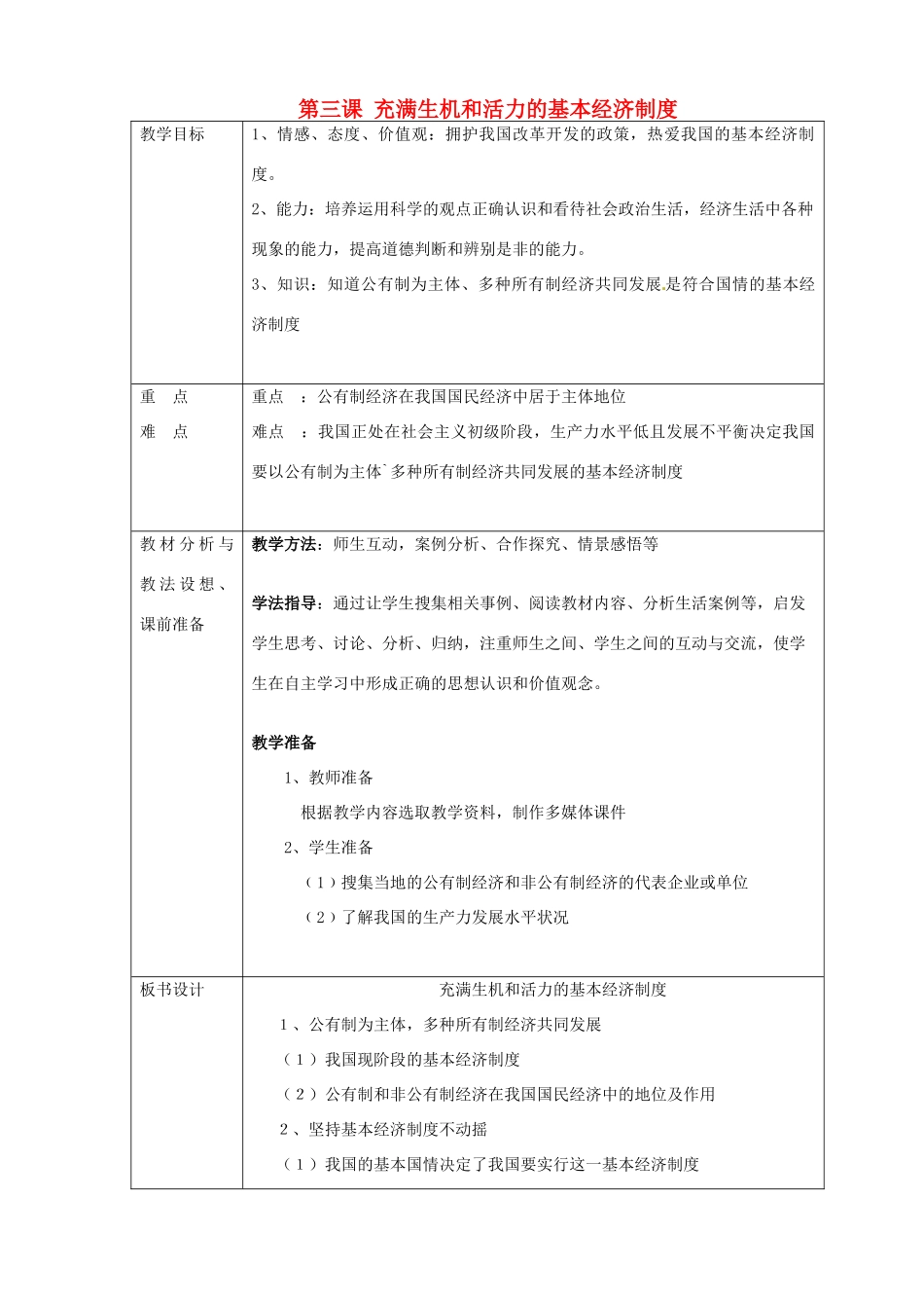 山东省临沂市蒙阴县第四中学九年级政治全册 第三课 充满生机和活力的基本经济制度教学设计 鲁教版教材_第1页