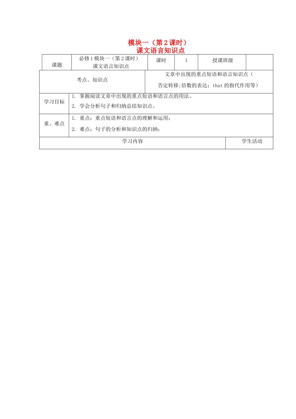 高中英语上学期第3周 模块一（第2课时）课文语言知识点教学设计 必修1-人教版高中必修1英语教案_第1页