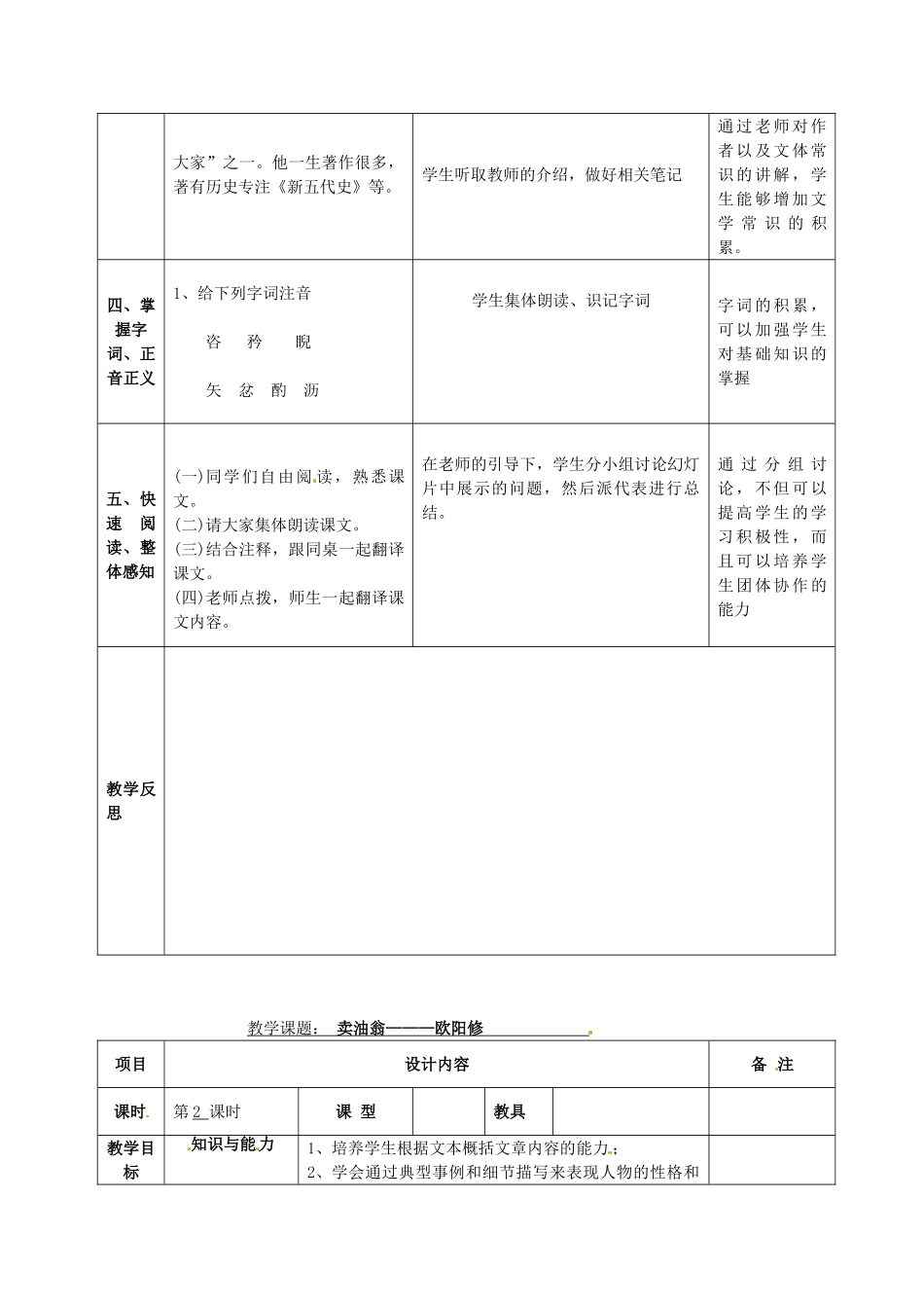 七年级语文上册 26 卖油翁教学设计 语文版教材-语文版教材初中七年级上册语文教学设计_第2页