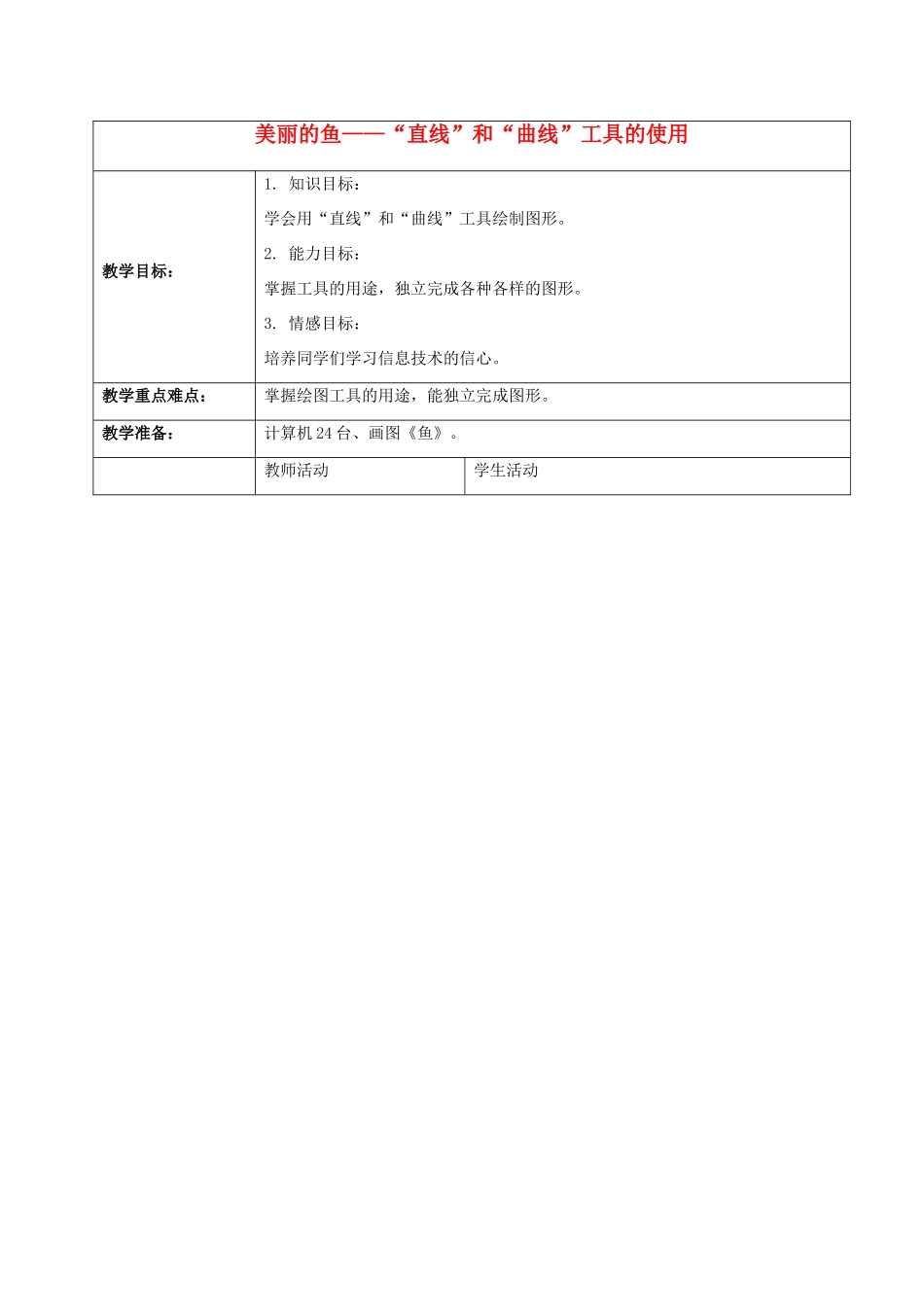 一年级信息技术上册 美丽的鱼——“直线”和“曲线”工具的使用 1教案 河大版_第1页