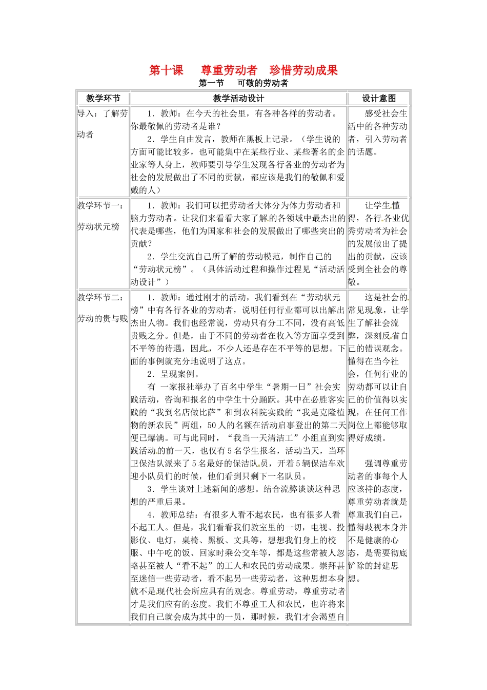 四川省宜宾县复龙初级中学八年级政治下册 第十课 尊重劳动者 珍惜劳动成果教学设计 教科版教材_第1页