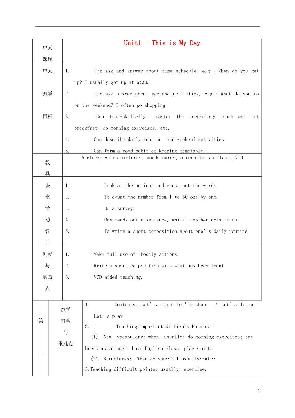 五年级英语下册 Unit1(1)教案 人教(PEP)_第1页