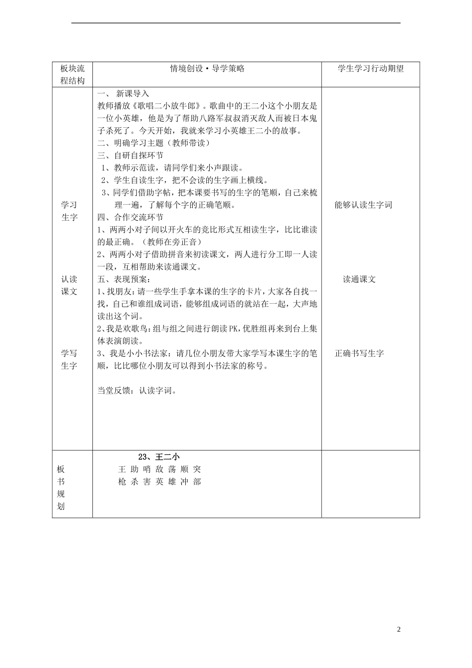 一年级语文下册 23 王二小（一）课案 人教新课标版_第2页