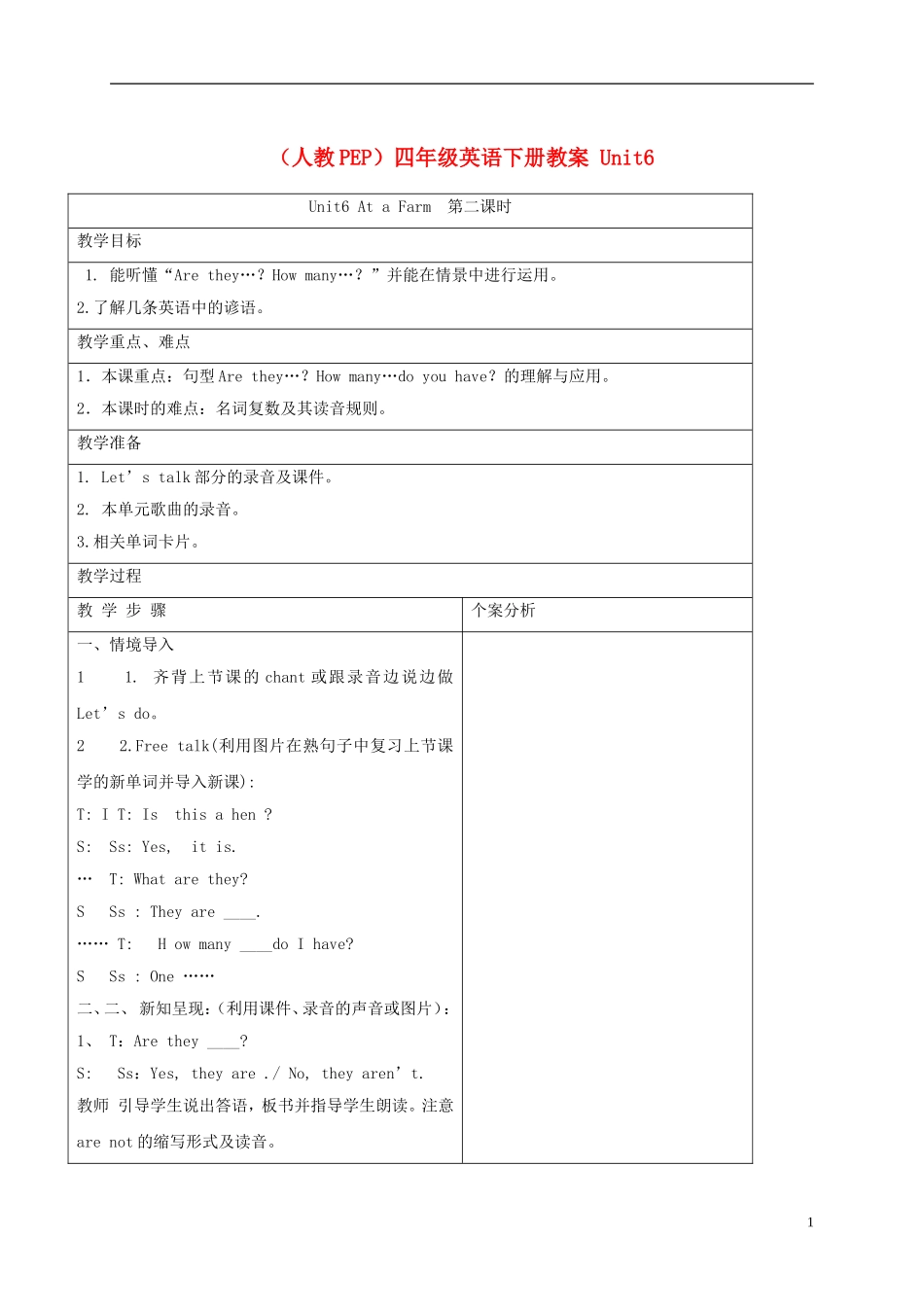 四年级英语下册 Unit6 第2课时教案 人教PEP_第1页
