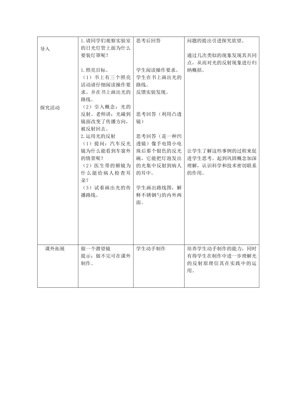 五年级科学上册《光的反射》表格式教案 教科版_第2页