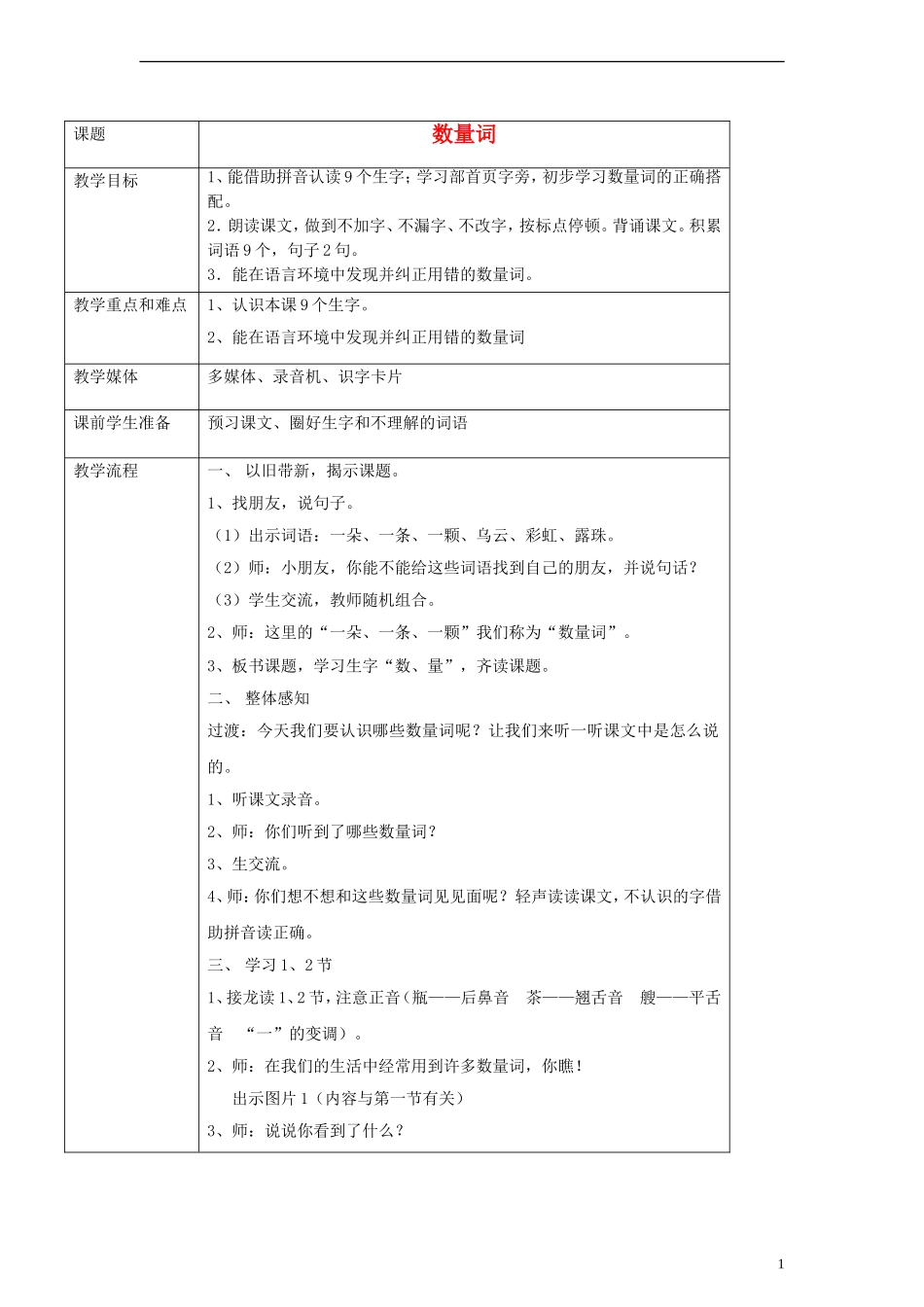 一年级语文下册 数量词教案 沪教版_第1页