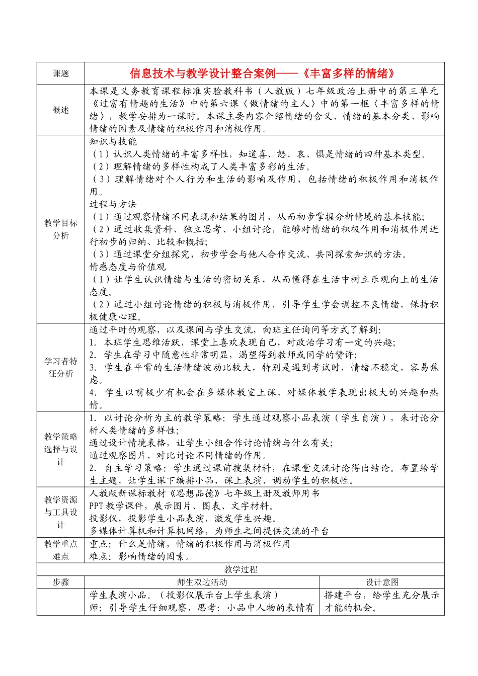 七年级政治 丰富多样的情绪教学设计 人教版教材_第1页