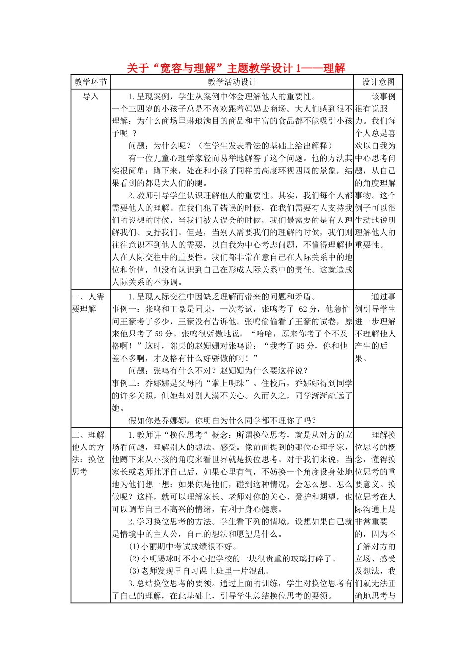 七年级政治上册 关于“宽容与理解”主题教学设计 教科版教材_第1页