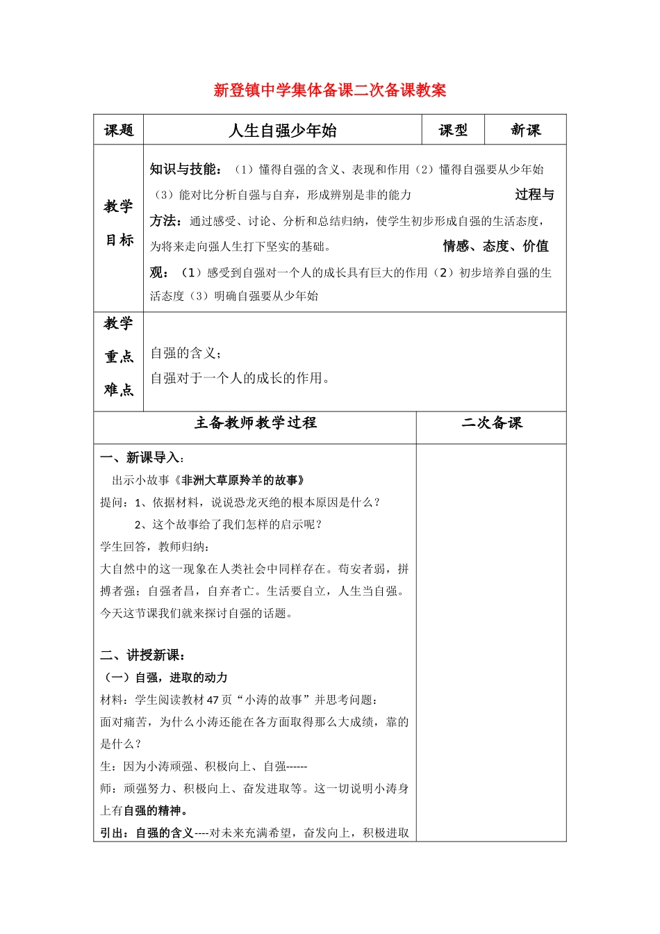 七年级政治下册人生自强少年始教学设计人教版教材_第1页