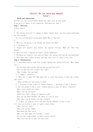 四年级英语下册 Unit12 Do you have any money教案 （新版）湘少版