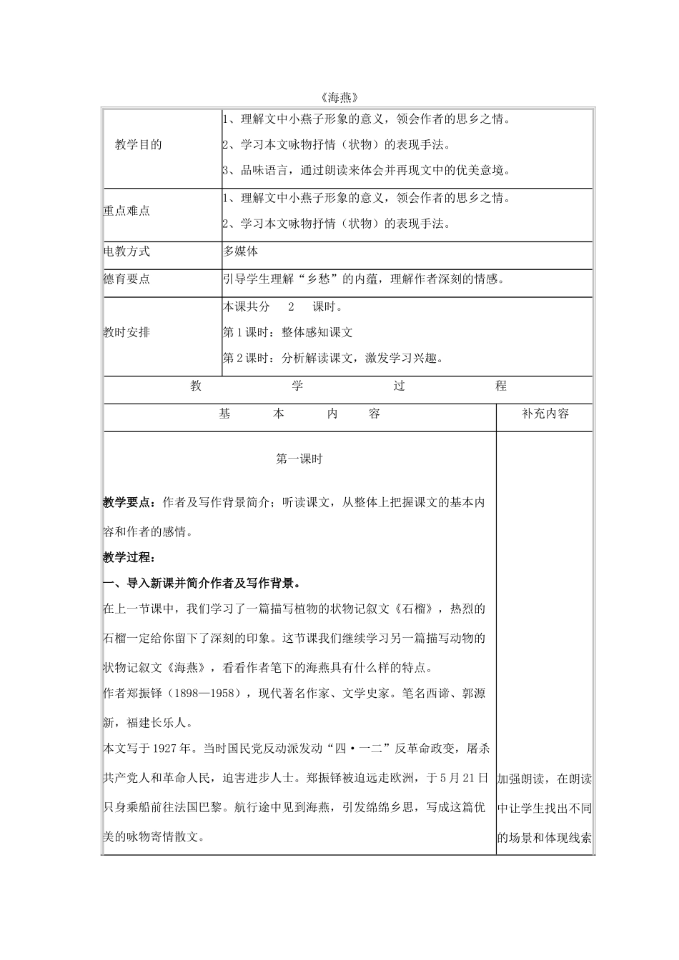 七年级语文下册 第一单元 第2课《海燕》教学设计 语文版教材-语文版教材初中七年级下册语文教学设计(00001)_第1页