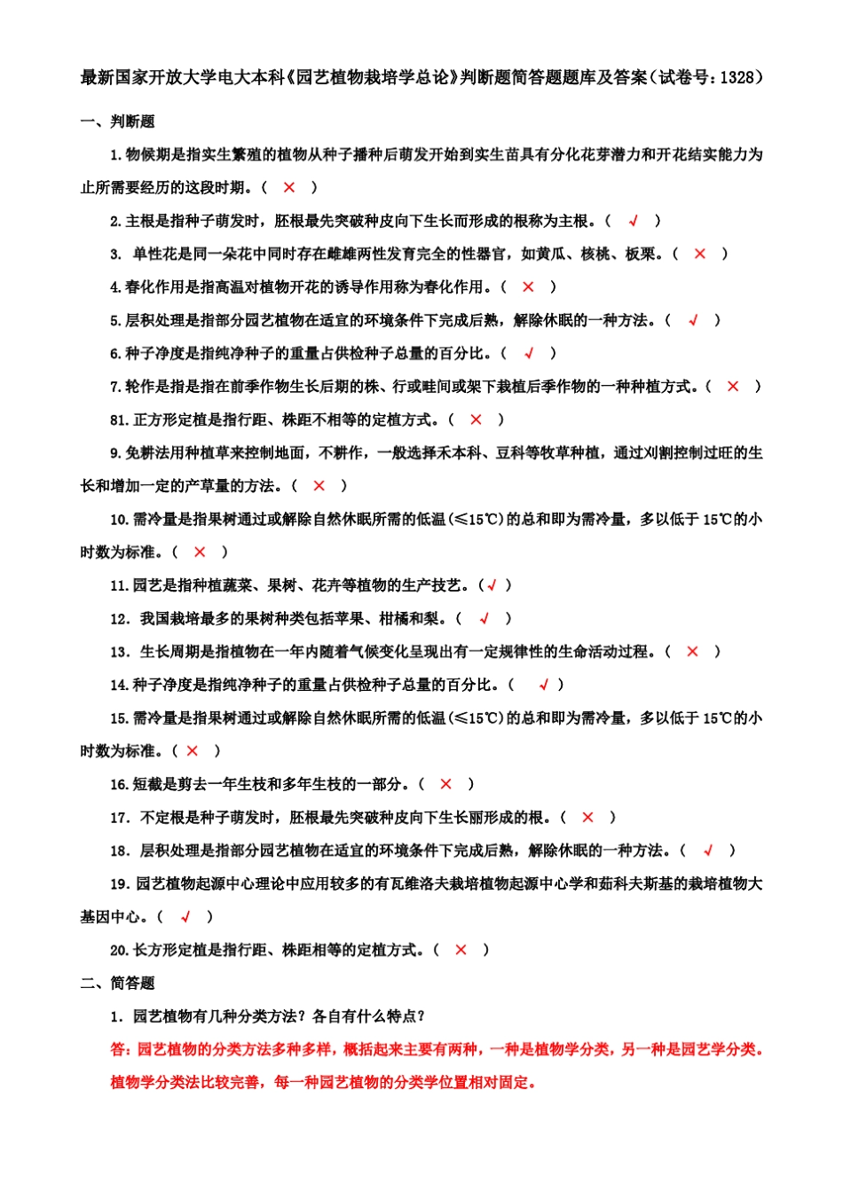 最新国家开放大学电大本科《园艺植物栽培学总论》判断题简答题题库_第1页