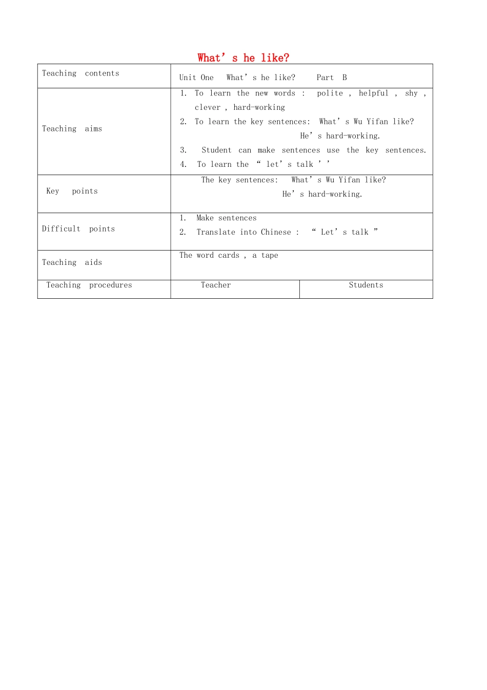 五年级英语上册 Unit 1 What's he like单元教案(全英) 人教PEP版-人教PEP小学五年级上册英语教案_第1页