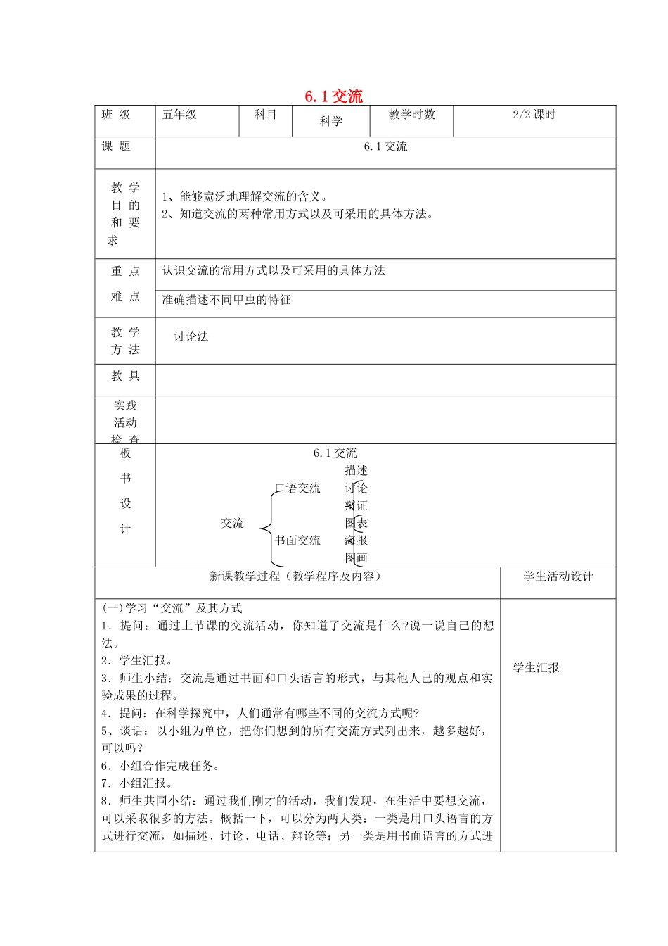 五年级科学下册 第六单元 交流与质疑 1交流第2课时教案 苏教版-苏教版小学五年级下册自然科学教案_第1页