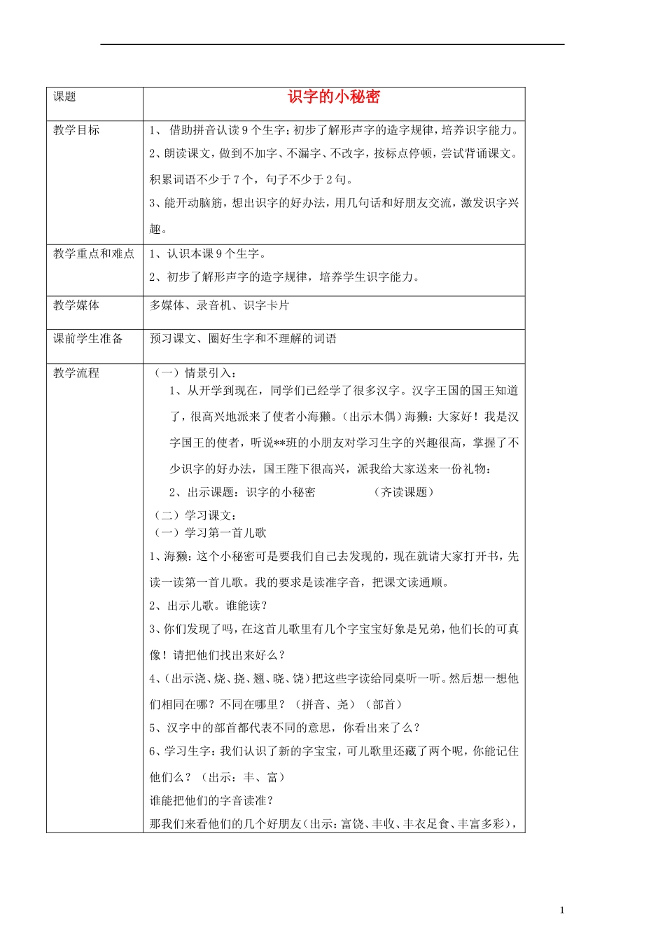 一年级语文下册 识字的小秘密教案 沪教版_第1页