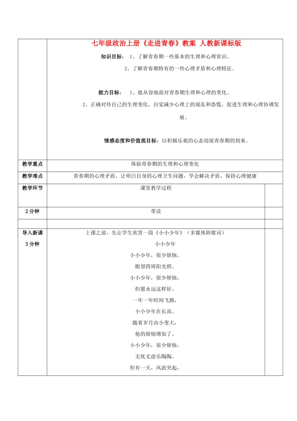 七年级政治上册《走进青春》教学设计 人教新课标版教材_第1页