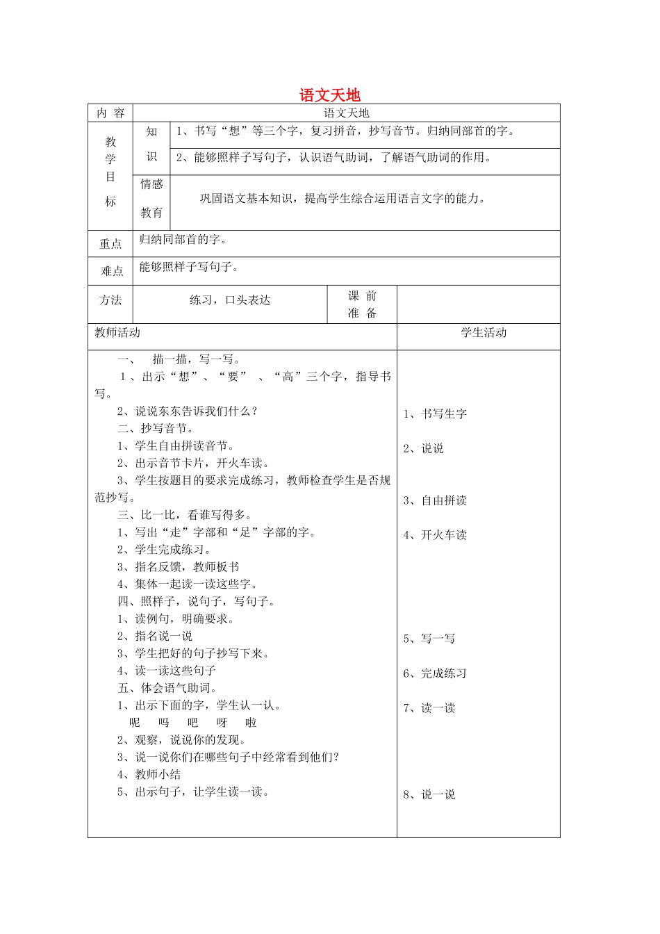 一年级语文下册 11 愿望 语文天地（第1课时）教案 北师大版-北师大版小学一年级下册语文教案_第1页