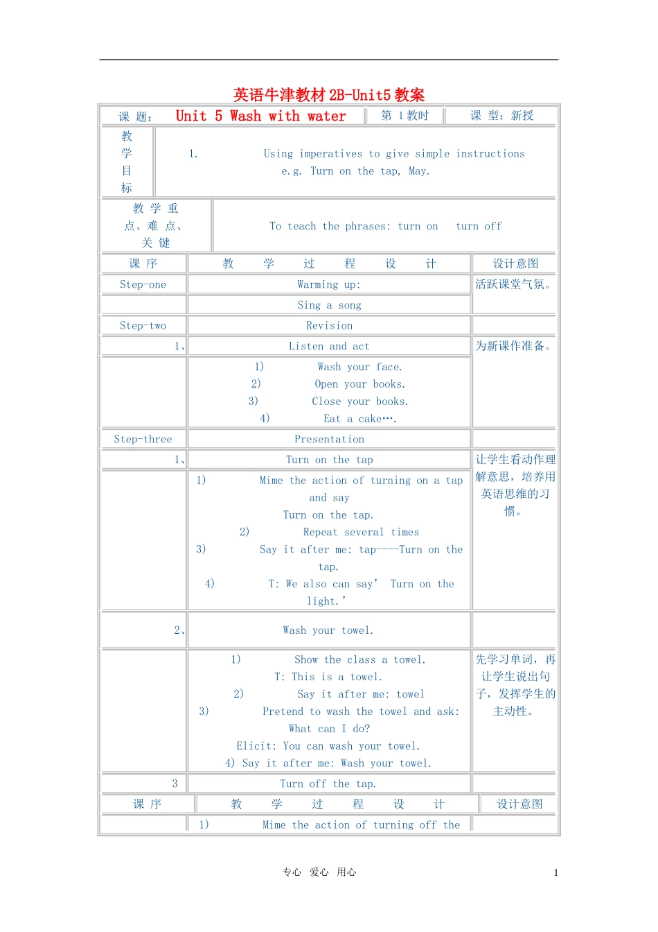 小学英语 2B Unit5 Wash with water教案 牛津版_第1页
