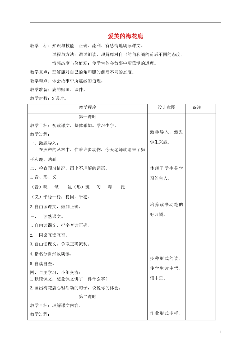 四年级语文下册 爱美的梅花鹿 2教案 长春版_第1页