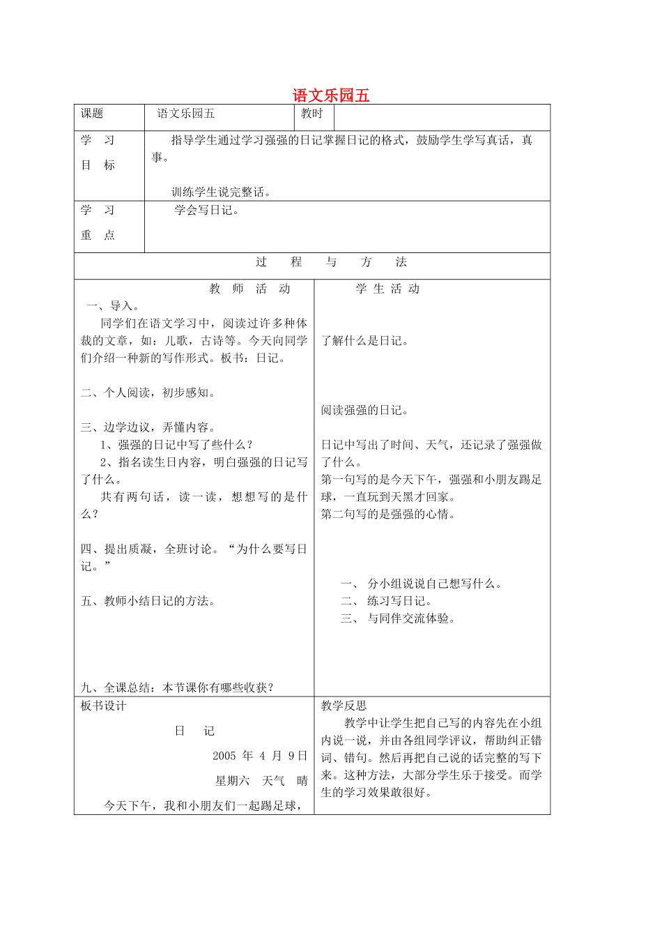 一年级语文下册 语文乐园五教案2 语文A版-语文A版小学一年级下册语文教案_第1页