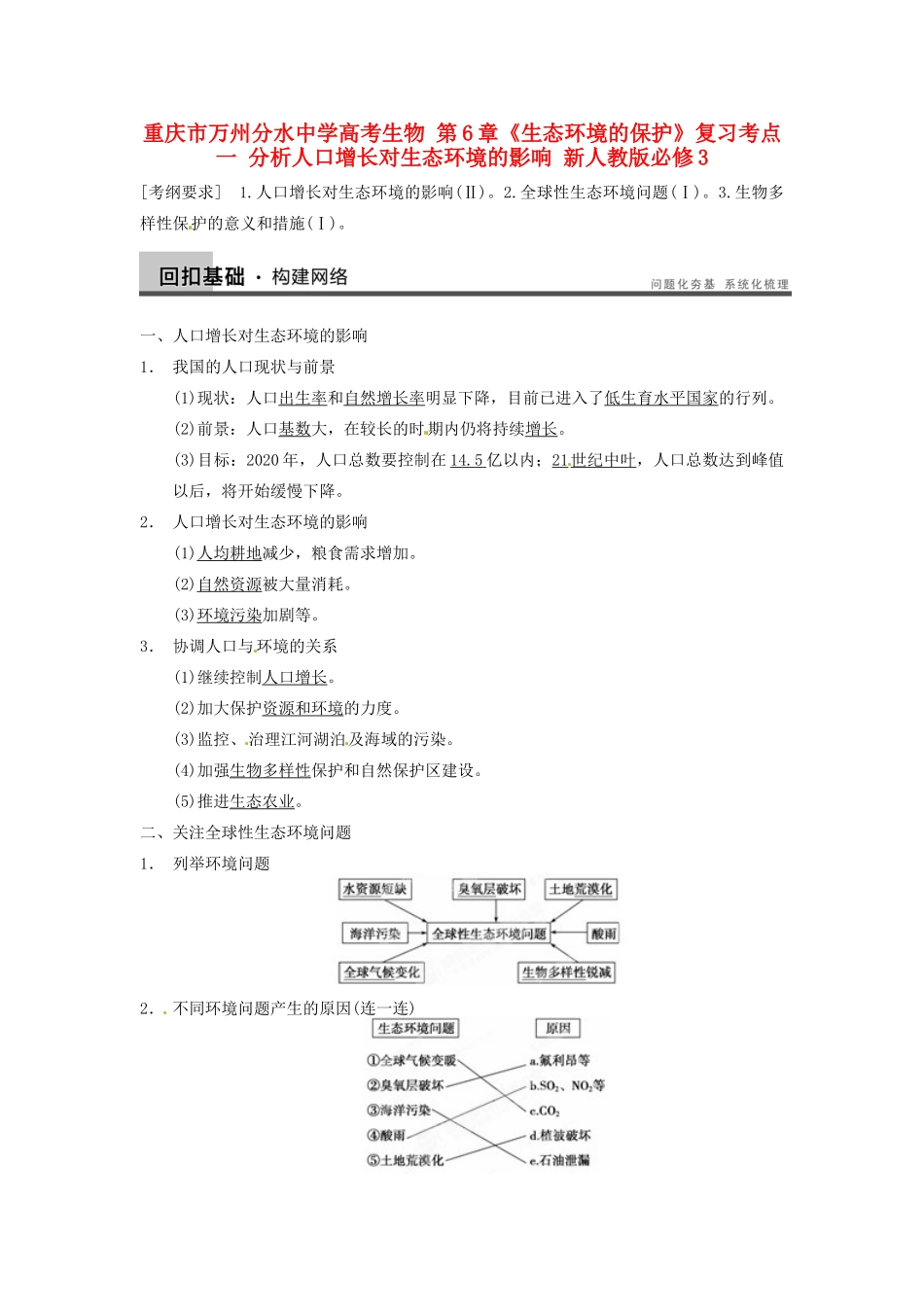 重庆市万州分水中学高考生物 第6章《生态环境的保护》复习考点一 分析人口增长对生态环境的影响 新人教版必修3_第1页