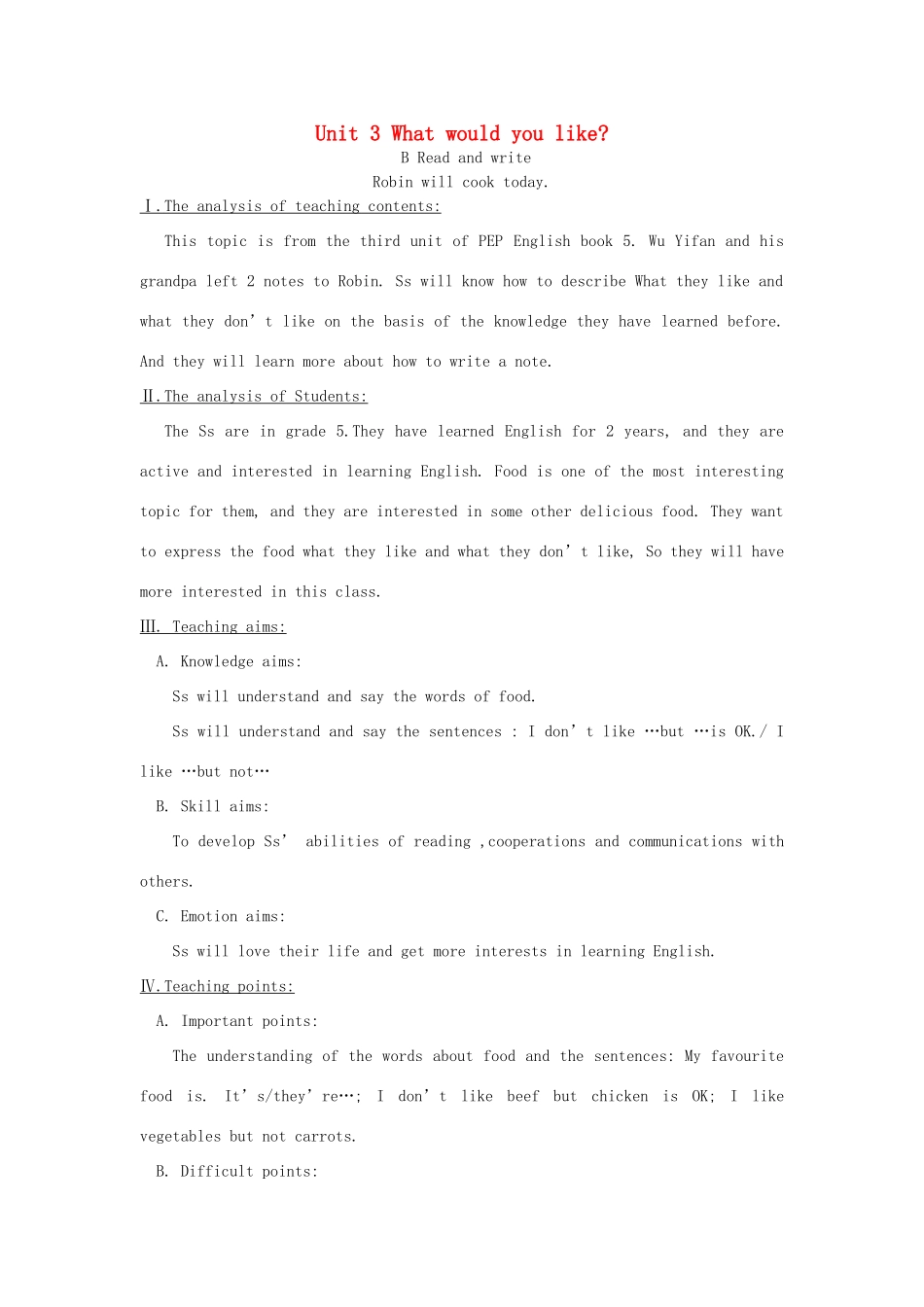 五年级英语上册 Unit 3 What would you like单元教案（英文） 人教PEP版-人教PEP小学五年级上册英语教案_第1页