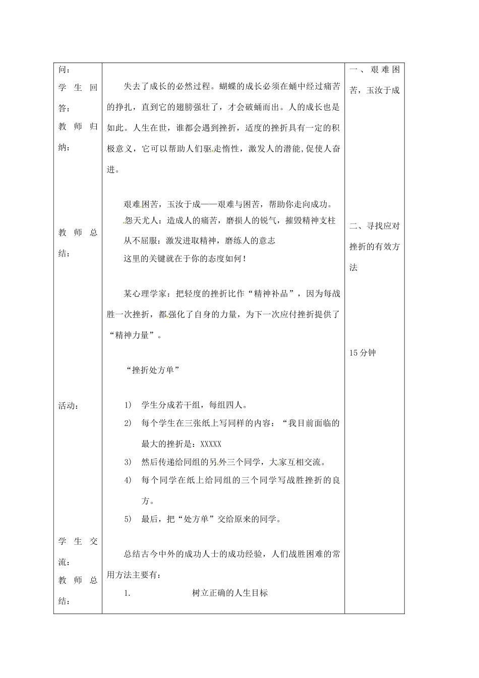 七年级政治下：第五课《让挫折丰富我们的人生》第二框教学设计（人教新课标）_第3页