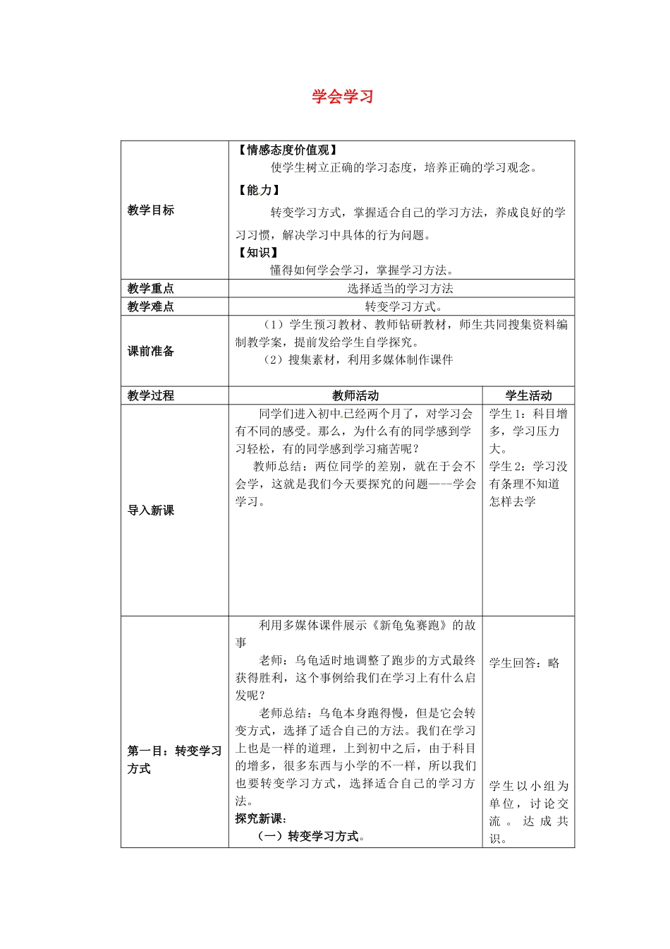 七年级思想品德上册 学会学习教学设计1 鲁教版教材_第1页