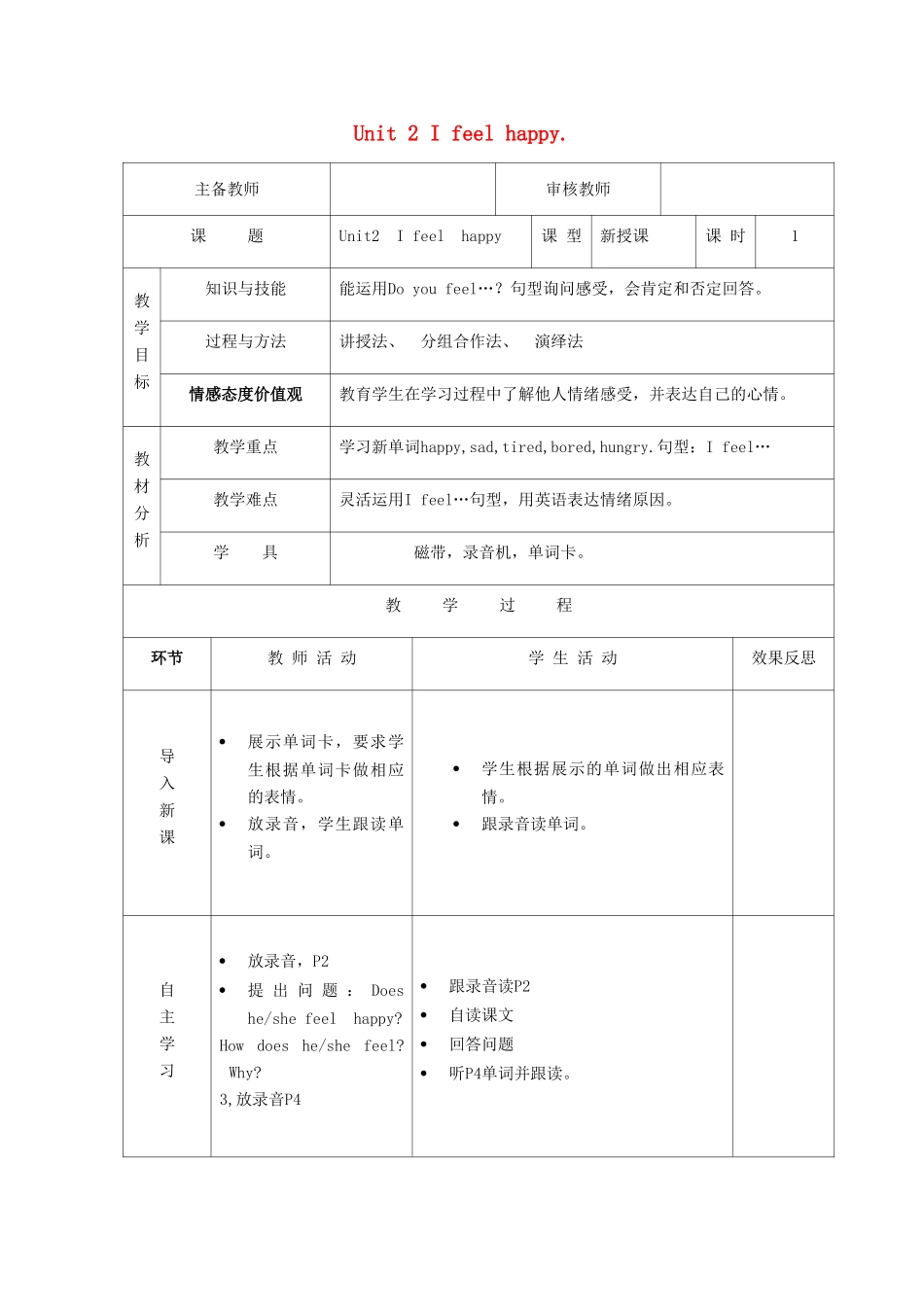 五年级英语上册 Module 9 Unit 2 I feel happy（第1课时）教案 外研版（三起）-外研版小学五年级上册英语教案_第1页