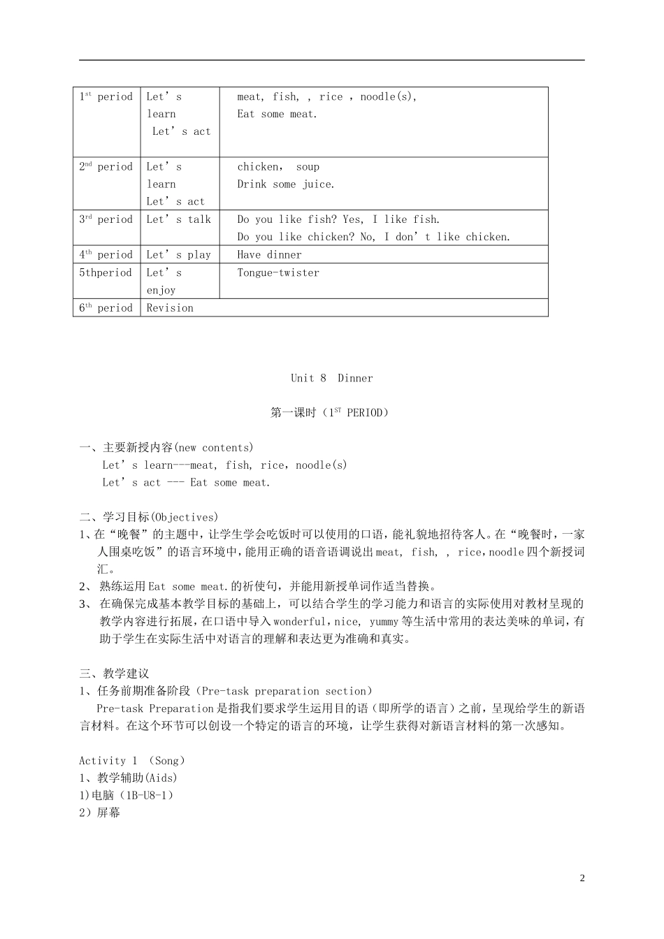 一年级英语下册 1B Unit8 Dinner（1-3）教案 沪教牛津版_第2页