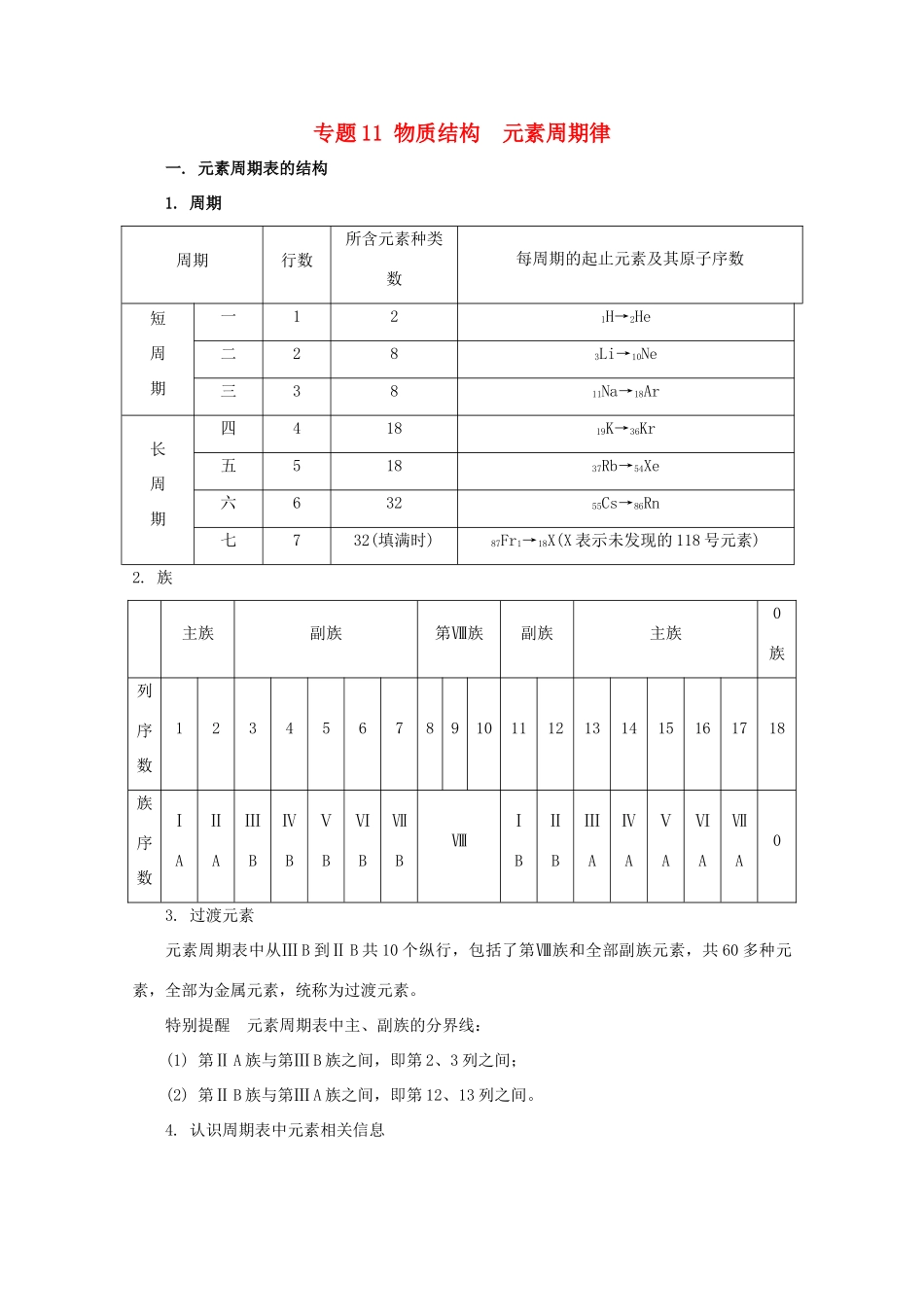高考化学大串讲 专题11 物质结构 元素周期律教案-人教版高三全册化学教案_第1页