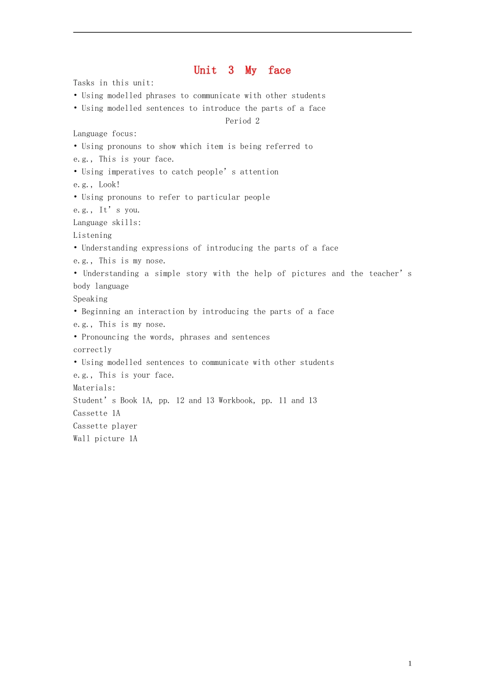 一年级英语上册 Unit3 My face period2教案 （新版）沪教牛津版_第1页