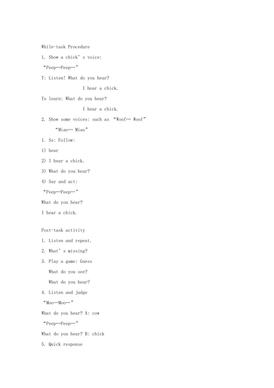 一年级英语下册 Module 1 Using my five senses Unit 2《Listen and hear》教案1（新版）沪教牛津版-沪教牛津版小学一年级下册英语教案_第2页