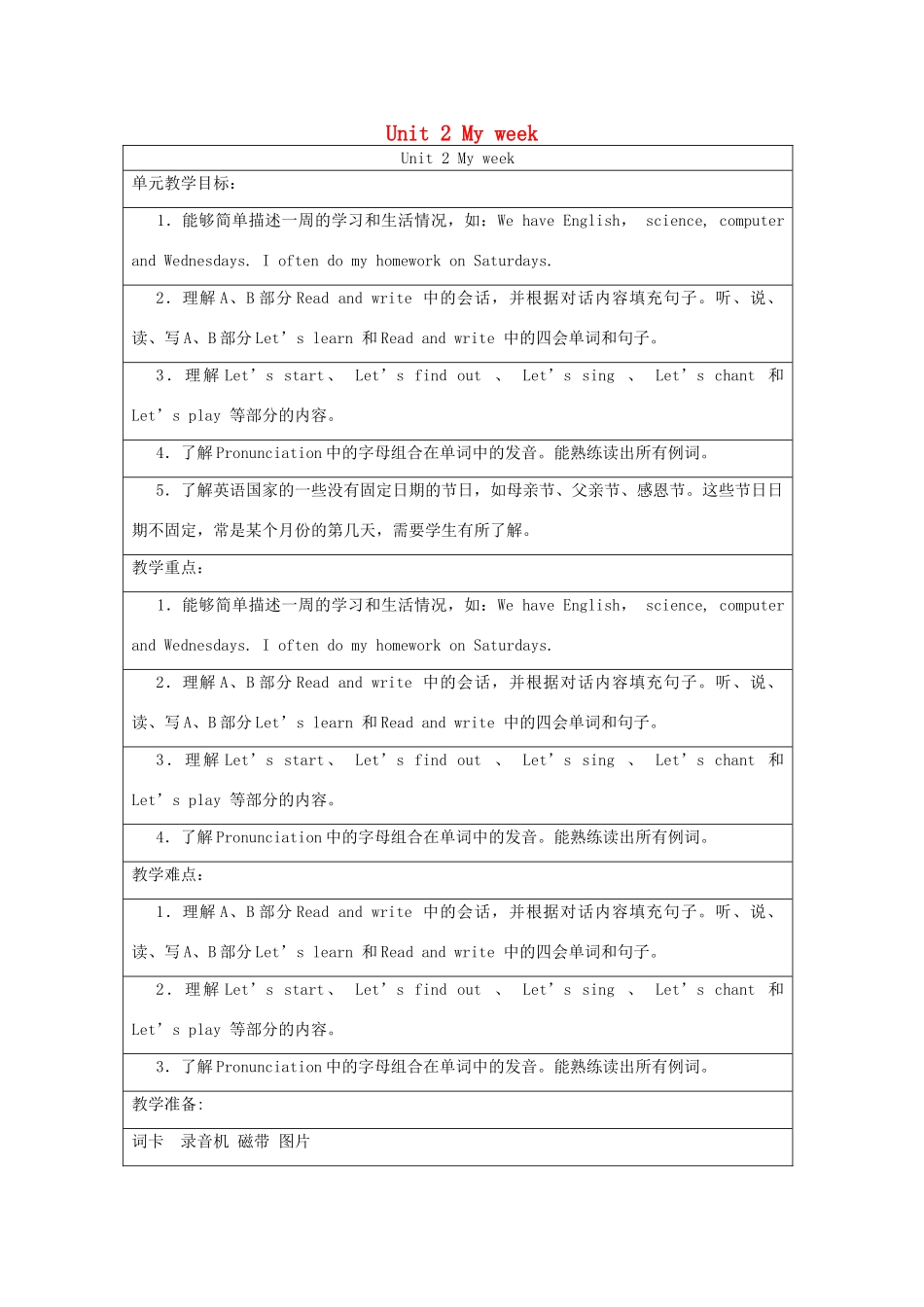 五年级英语上册 Unit 2 My week单元教案3 人教PEP版-人教PEP小学五年级上册英语教案_第1页