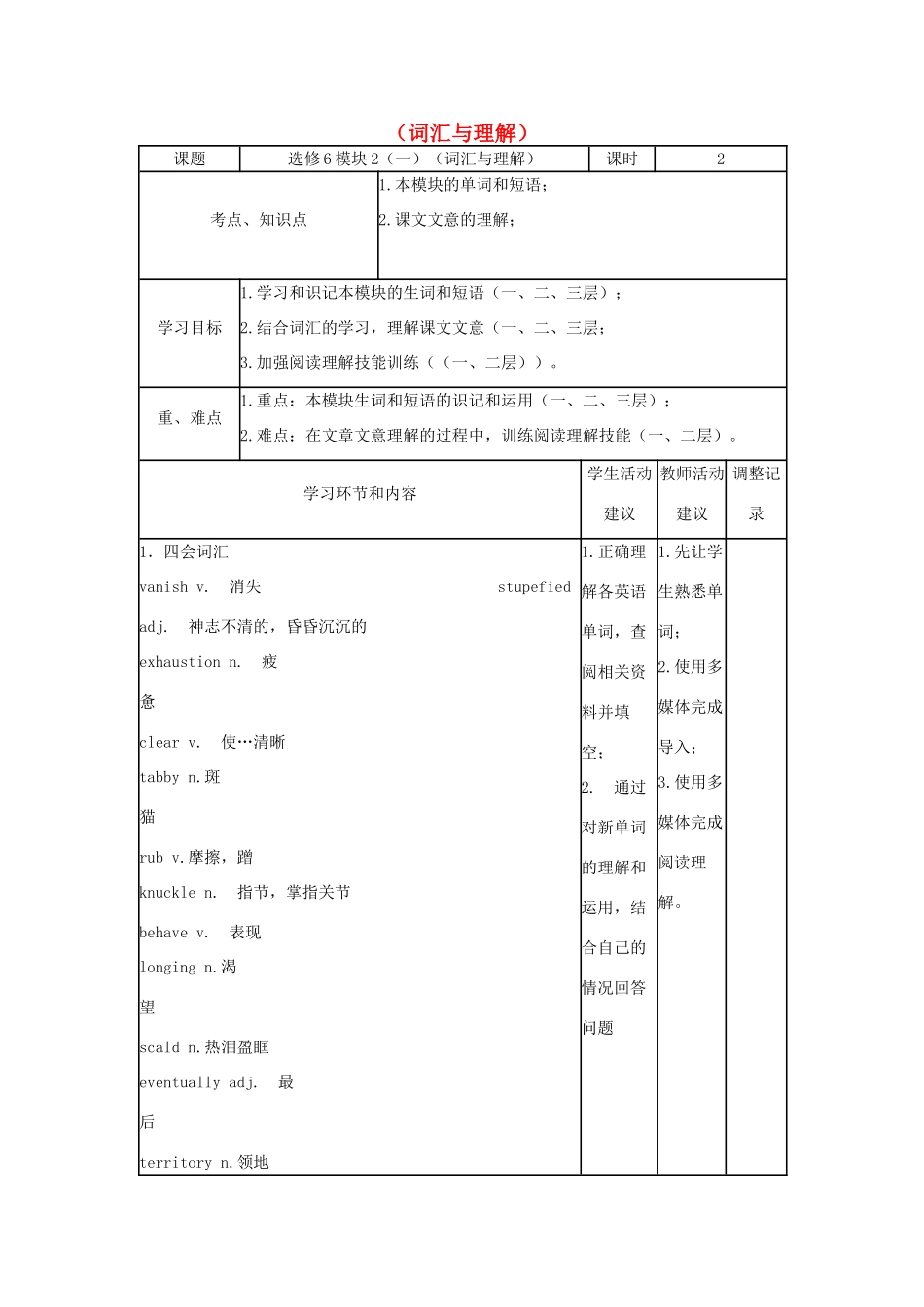 高中英语下学期第2周 模块2（一）（词汇与理解）教学设计-人教版高中选修6英语教案_第1页