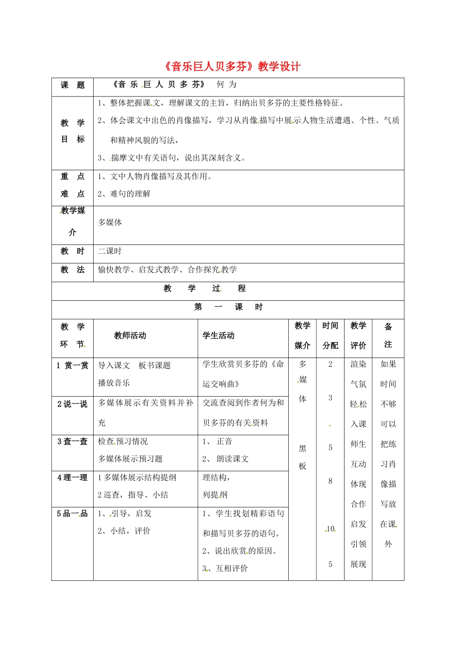 七年级语文下册 4.15《音乐巨人贝多芬》教学设计 北京课改版教材_第1页