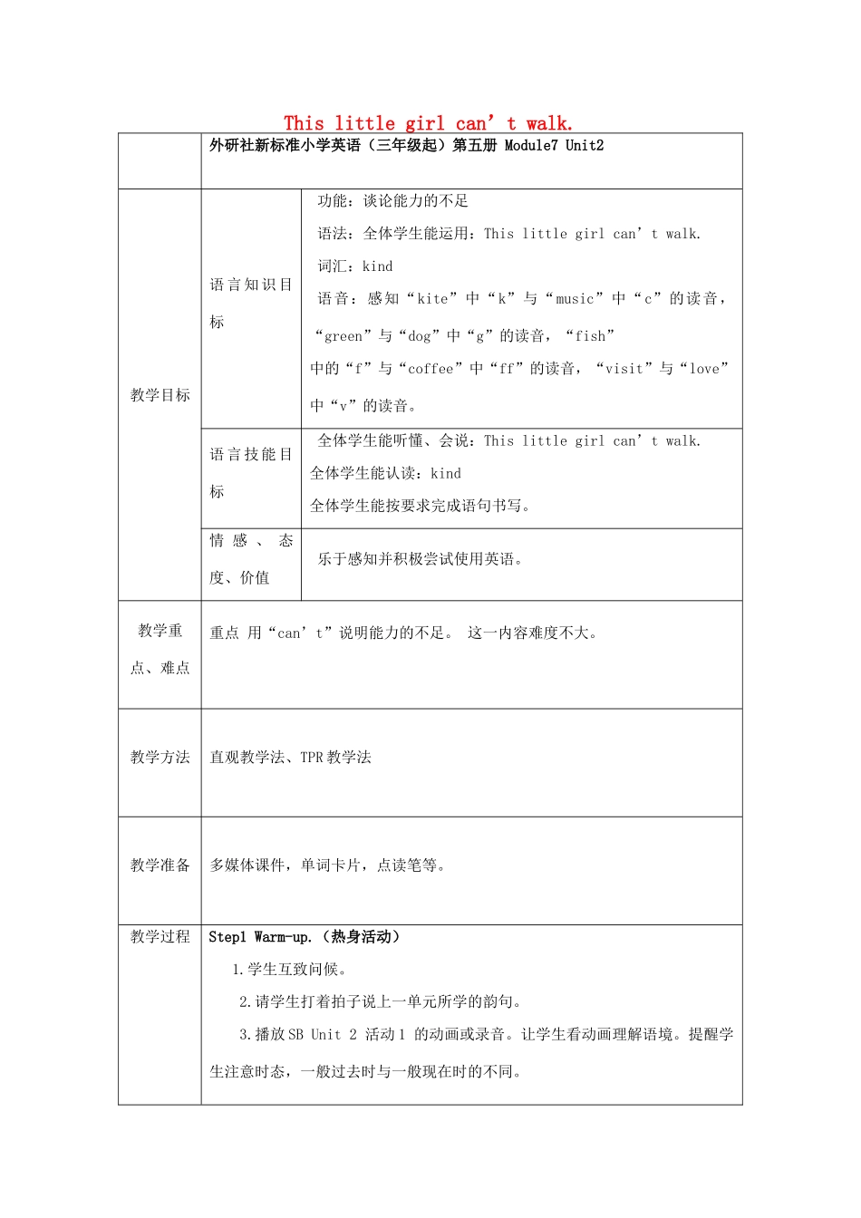 五年级英语上册 Module 7 Unit 2 This little girl can’t walk教案 外研版（三起）-外研版小学五年级上册英语教案_第1页