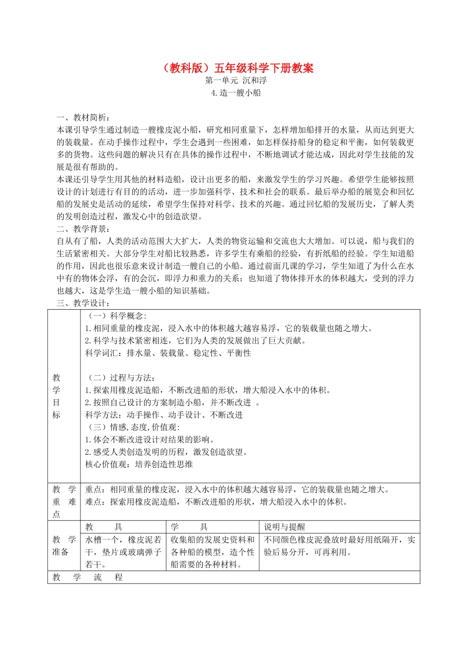 五年级科学下册 造一艘小船2教案 教科版_第1页