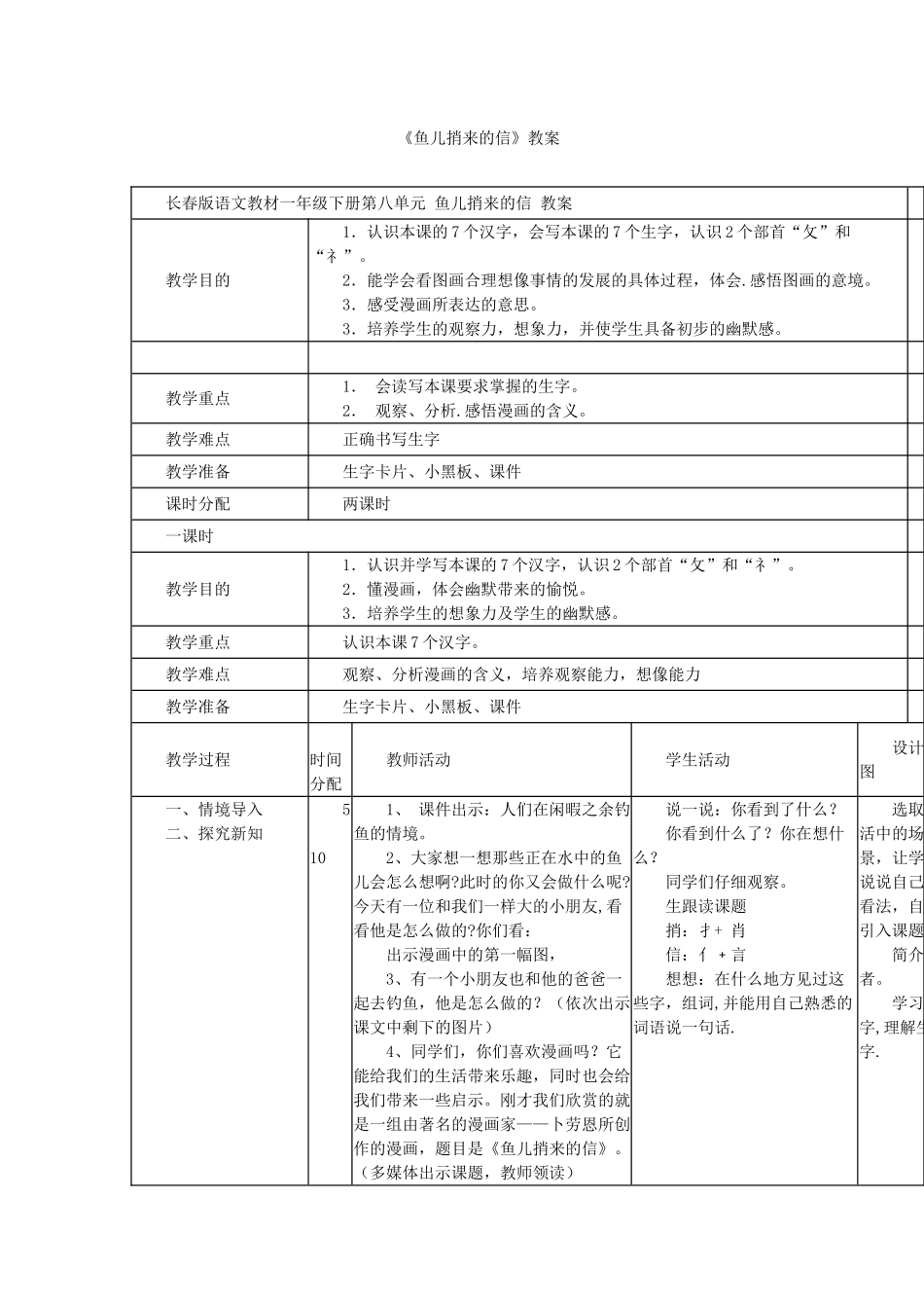 一年级语文下册 第6单元《鱼儿捎来的信》教案2 长春版-长春版小学一年级下册语文教案_第1页