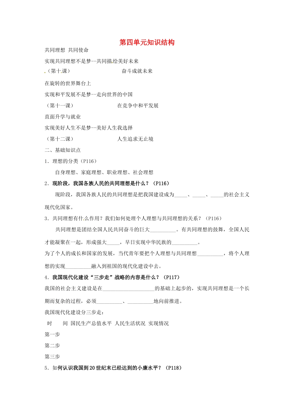 山东省安丘市东埠中学九年级政治 第四单元《我们的未来不是梦》复习教学设计 鲁教版教材_第1页