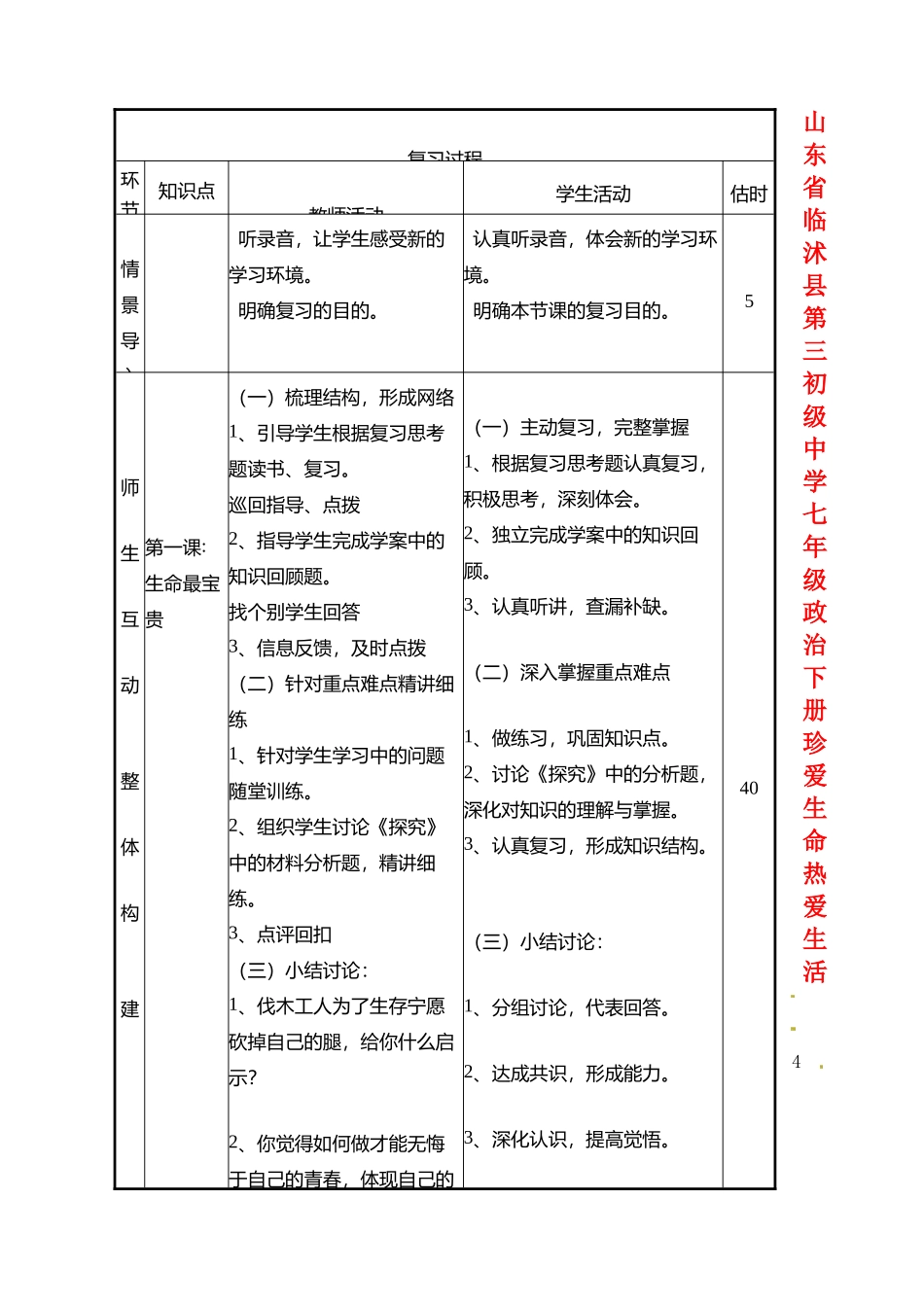 山东省临沭县第三初级中学七年级政治下册 珍爱生命 热爱生活教学设计_第1页