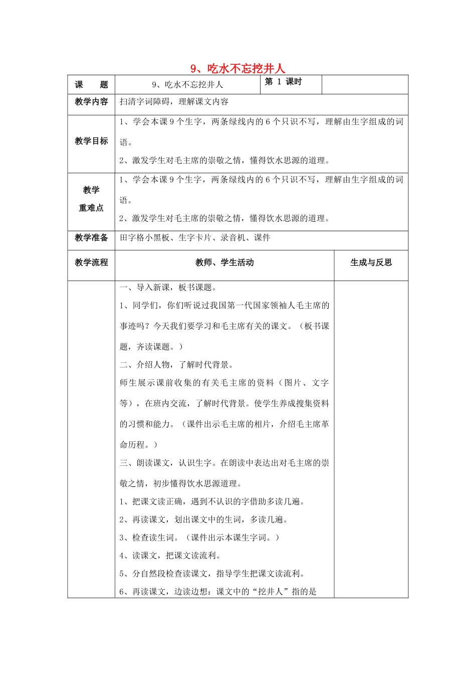 一年级语文下册 9 吃水不忘挖井人教案 苏教版-苏教版小学一年级下册语文教案_第1页