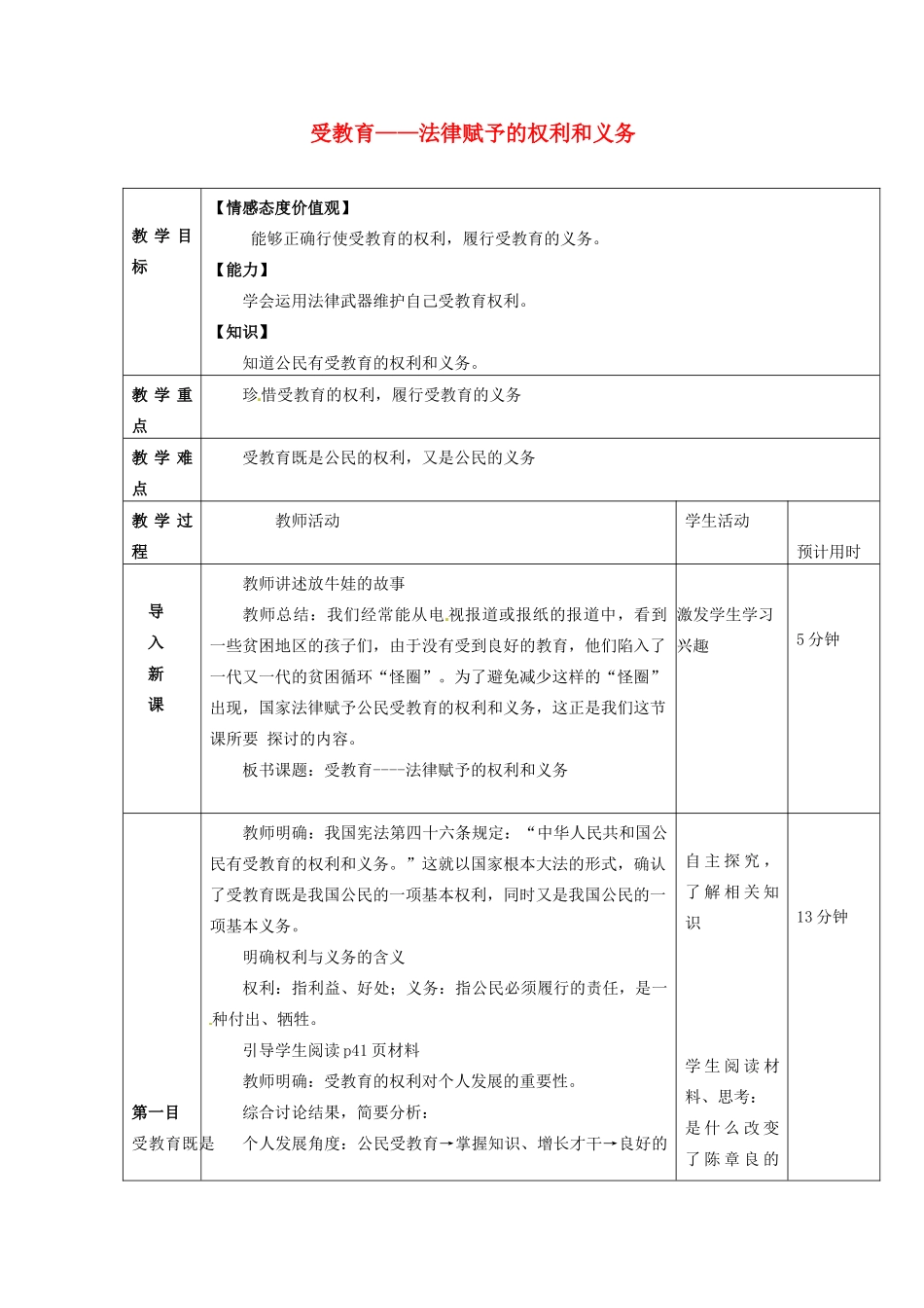 七年级思想品德上册 受教育法律赋予的权利和义务教学设计 鲁教版教材_第1页