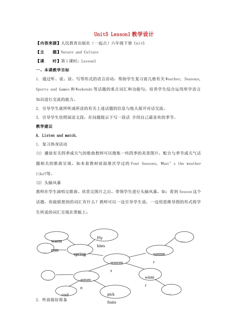 学年六年级英语下册 Unit 5《Nature and Culture》（Lesson 1）教学设计 人教新起点-人教新起点小学六年级下册英语教案_第1页