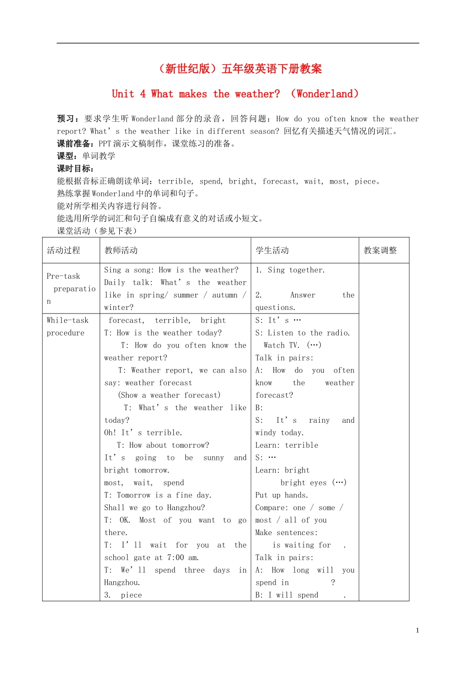 五年级英语下册 Unit 4 What makes the weather （Wonderland）(2)教案 新世纪版_第1页