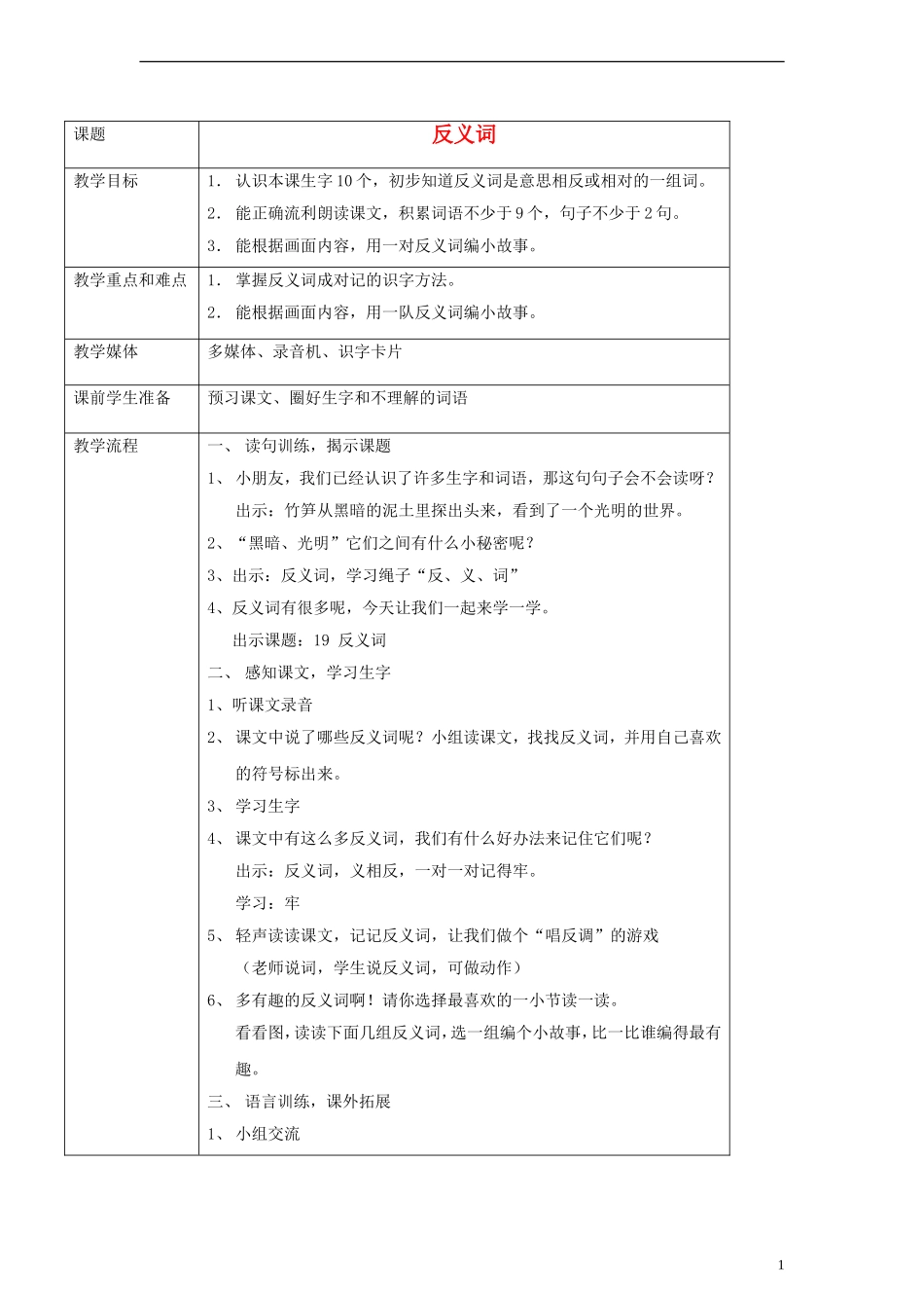 一年级语文下册 反义词教案 沪教版_第1页
